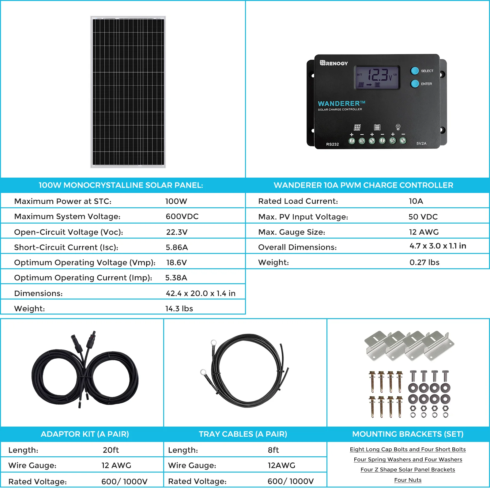 100W 12V Monocrystalline Solar Starter Kit w/Wanderer 10A Charge Controller - Image 6